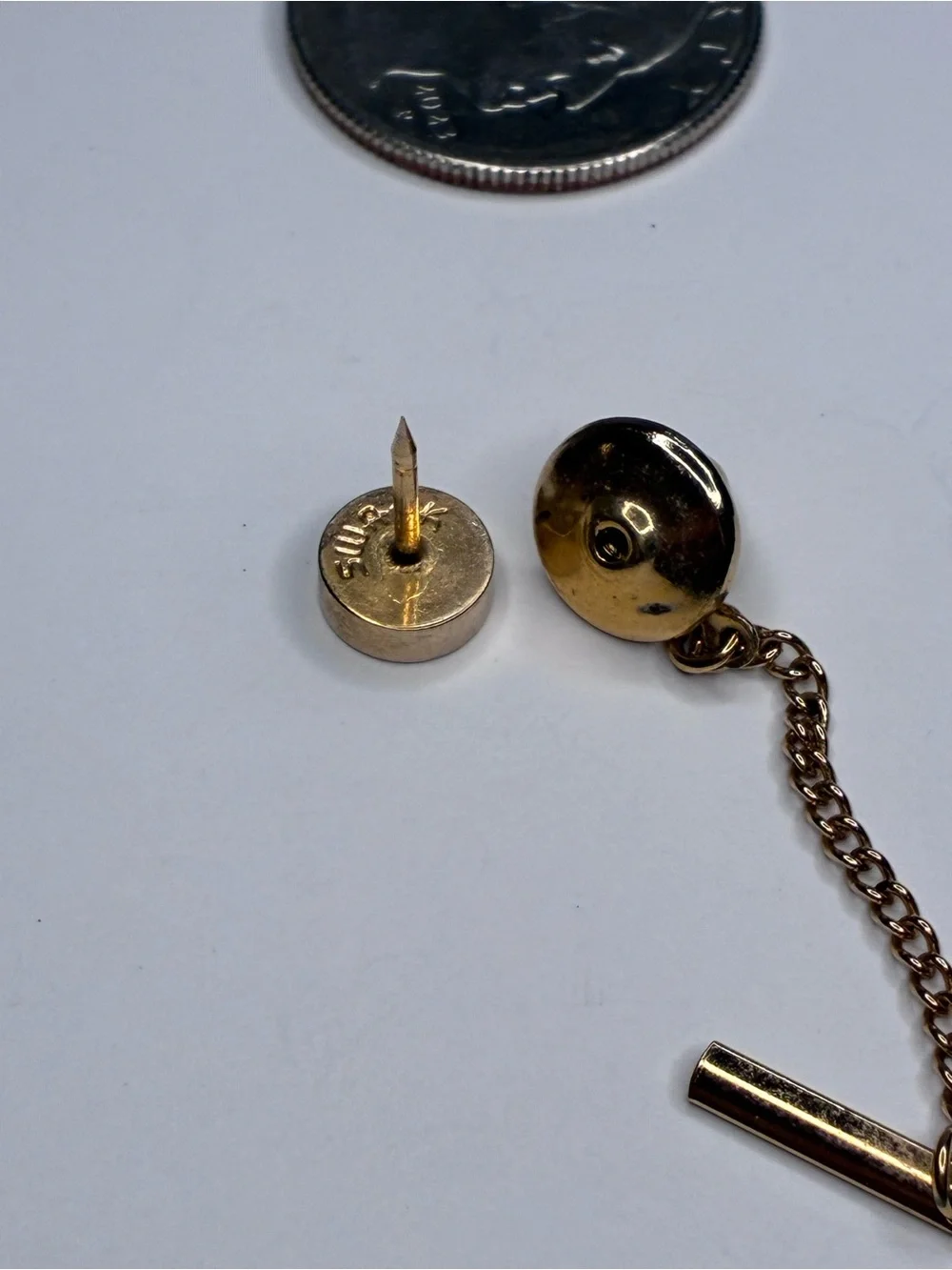 Vintage Gold Toned Round Chain Tie Tack And Gold Colored Pearl Tie Tack Bundle